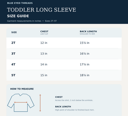A size guide infographic for toddler long sleeves by Blue Eyed Threads, showing garment measurements in inches for sizes 2T to 5T, with a small measurement diagram and instructions.
