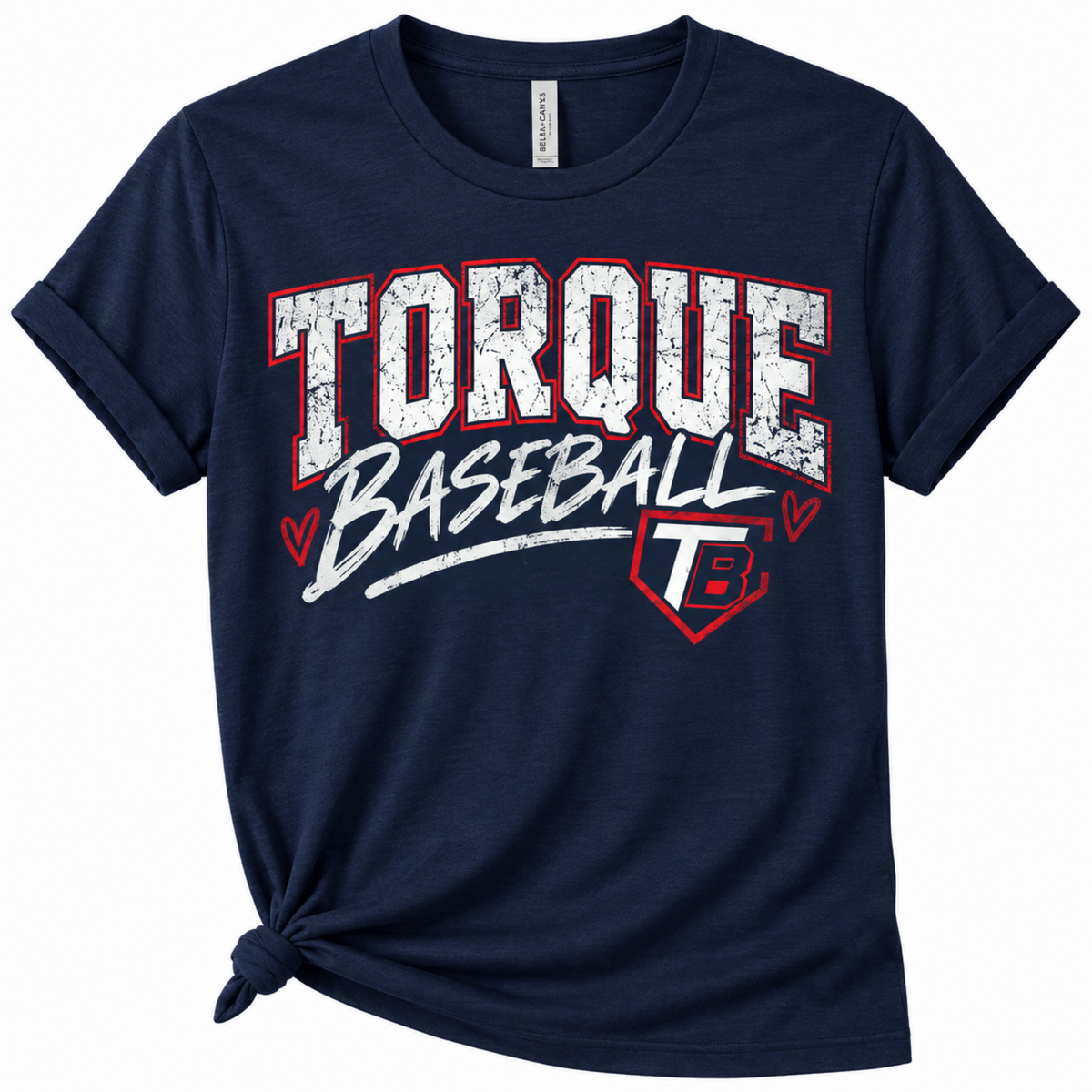 A navy blue short-sleeve t-shirt with a distressed graphic reading 'TORQUE BASEBALL' in white and red, styled with a knot at the bottom left hem on a white background.