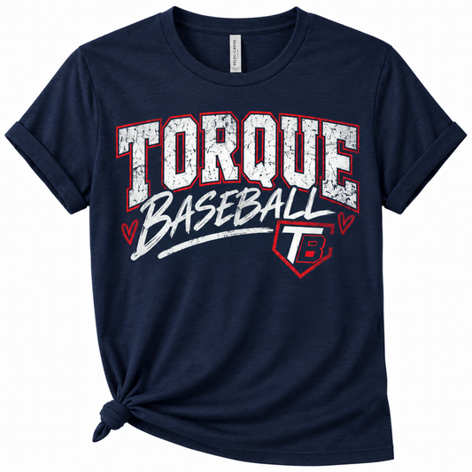 A navy blue short-sleeve t-shirt with a distressed graphic reading 'TORQUE BASEBALL' in white and red, styled with a knot at the bottom left hem on a white background.