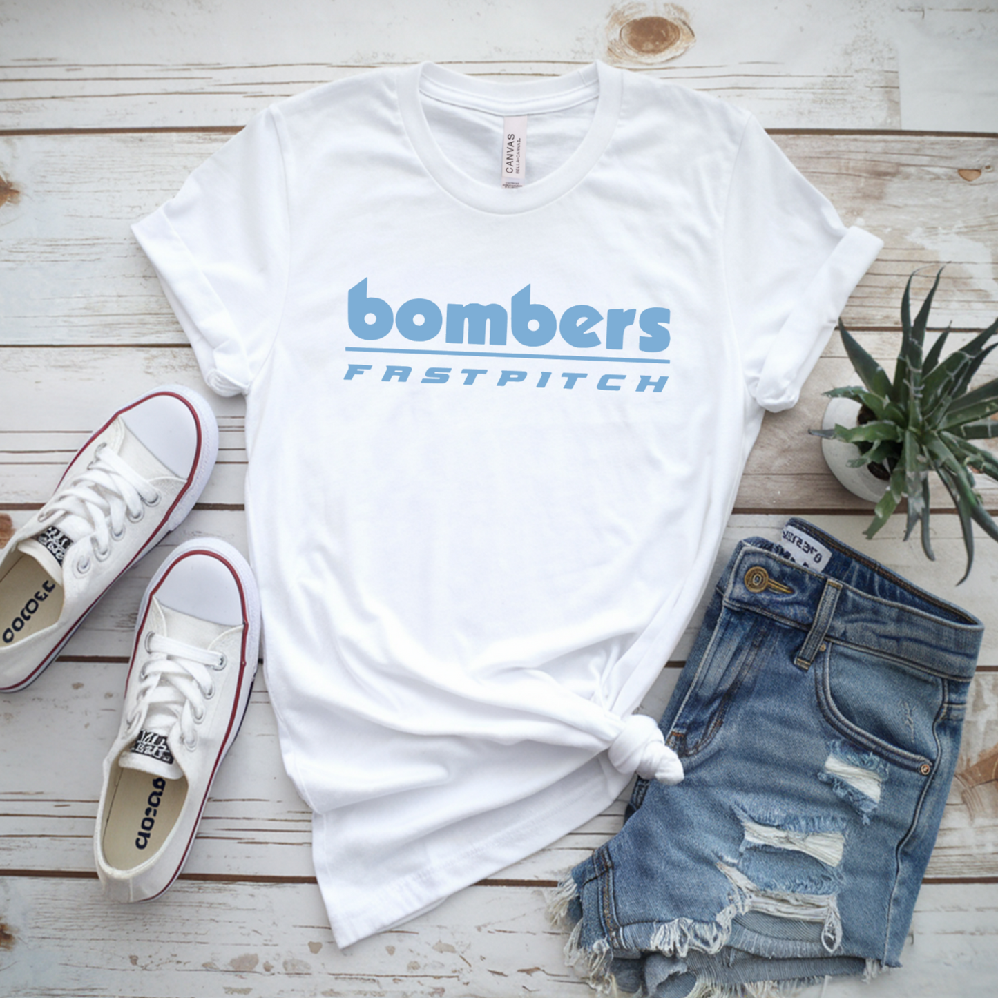 White Bella and Canvas Bombers Fastpitch Tshirt, Georgetown Bombers Tee