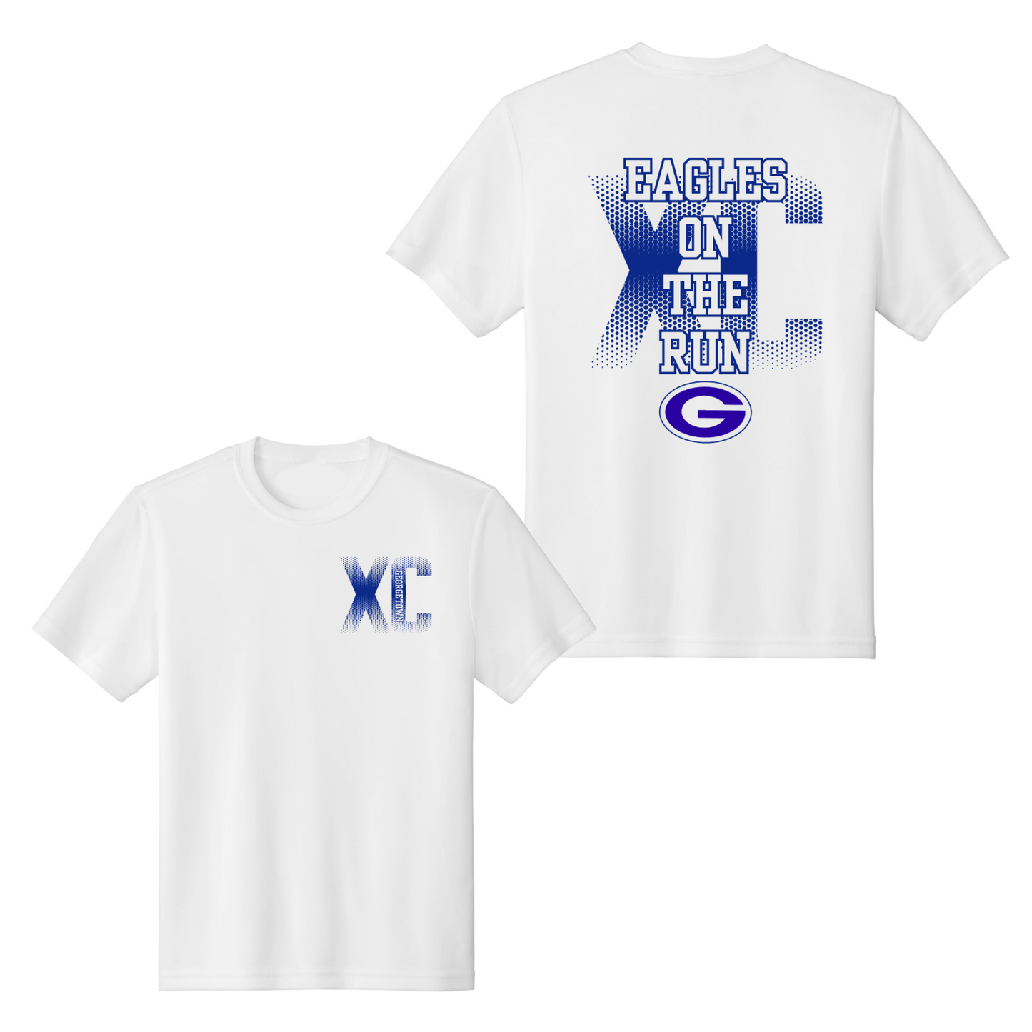 White short-sleeve t-shirt shown from both front and back. The front features a blue gradient 'XC' logo on the left chest, and the back features a large blue gradient 'X' with 'EAGLES ON THE RUN' text and a circular 'G' logo below.