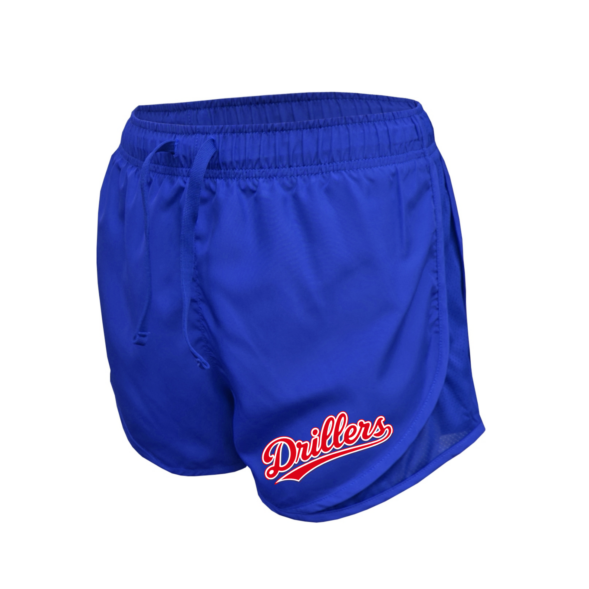 Blue athletic shorts with a red and white 'Drillers' script logo on the lower left leg, featuring an elastic waistband and drawstring.
