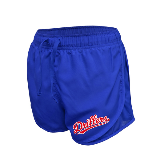 Blue athletic shorts with a red and white 'Drillers' script logo on the lower left leg, featuring an elastic waistband and drawstring.