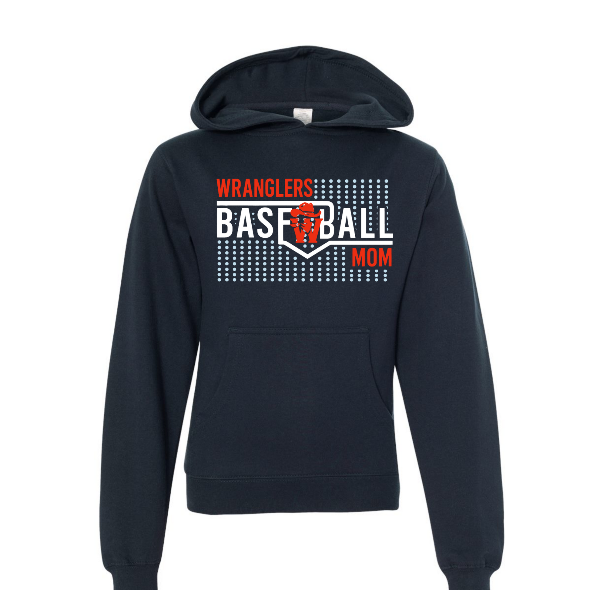 A navy blue pullover hoodie with a front graphic that reads 'WRANGlers BASEBALL MOM' in white and orange lettering, displayed on a clean white background.