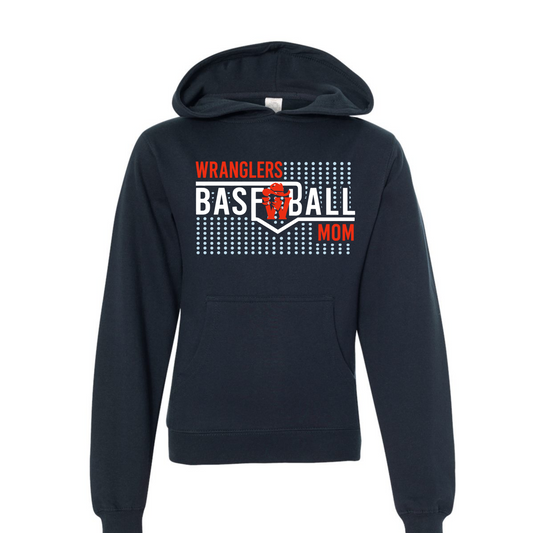A navy blue pullover hoodie with a front graphic that reads 'WRANGlers BASEBALL MOM' in white and orange lettering, displayed on a clean white background.