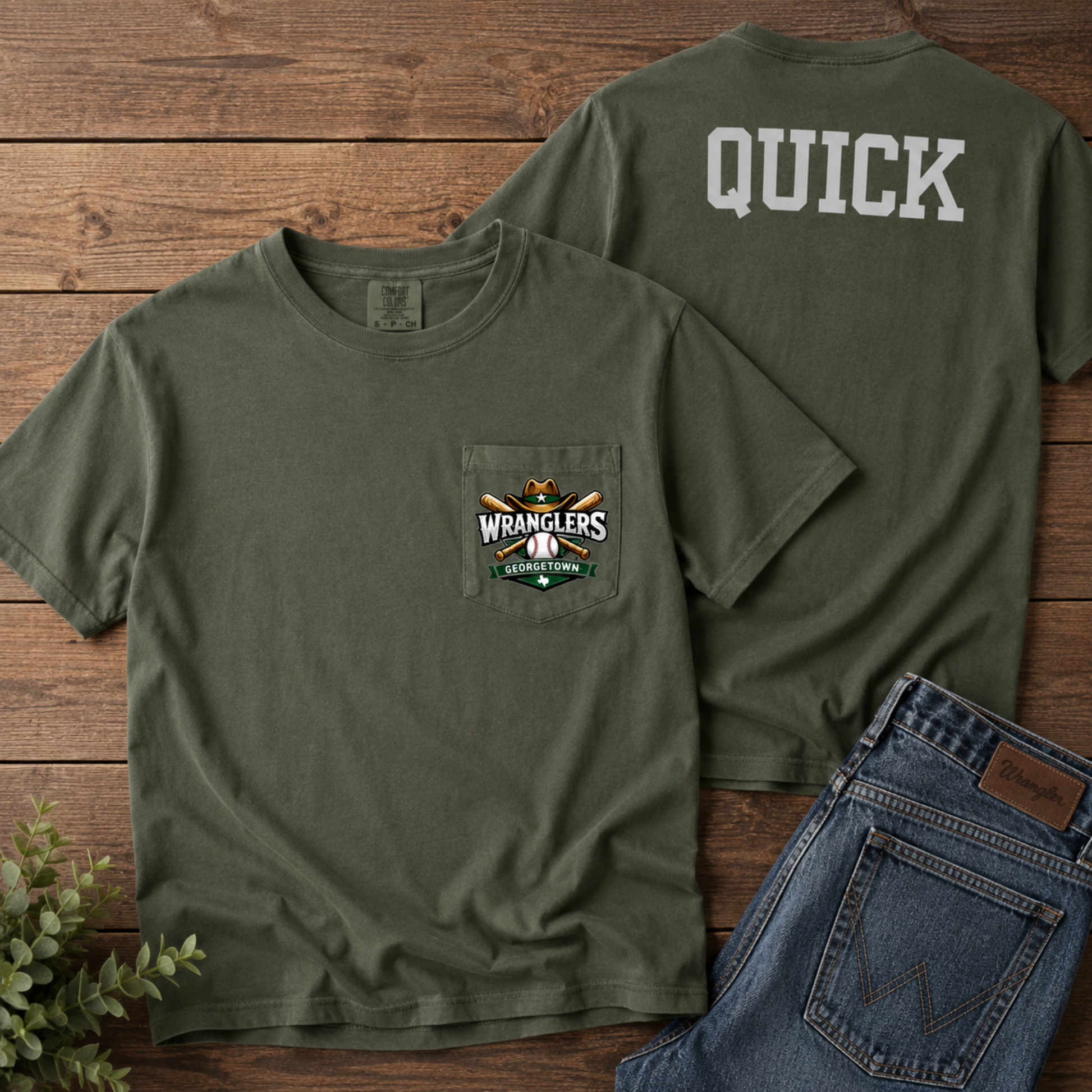Georgetown Wranglers Baseball olive green Comfort Colors pocket tee with team logo and personalized Quick name on back