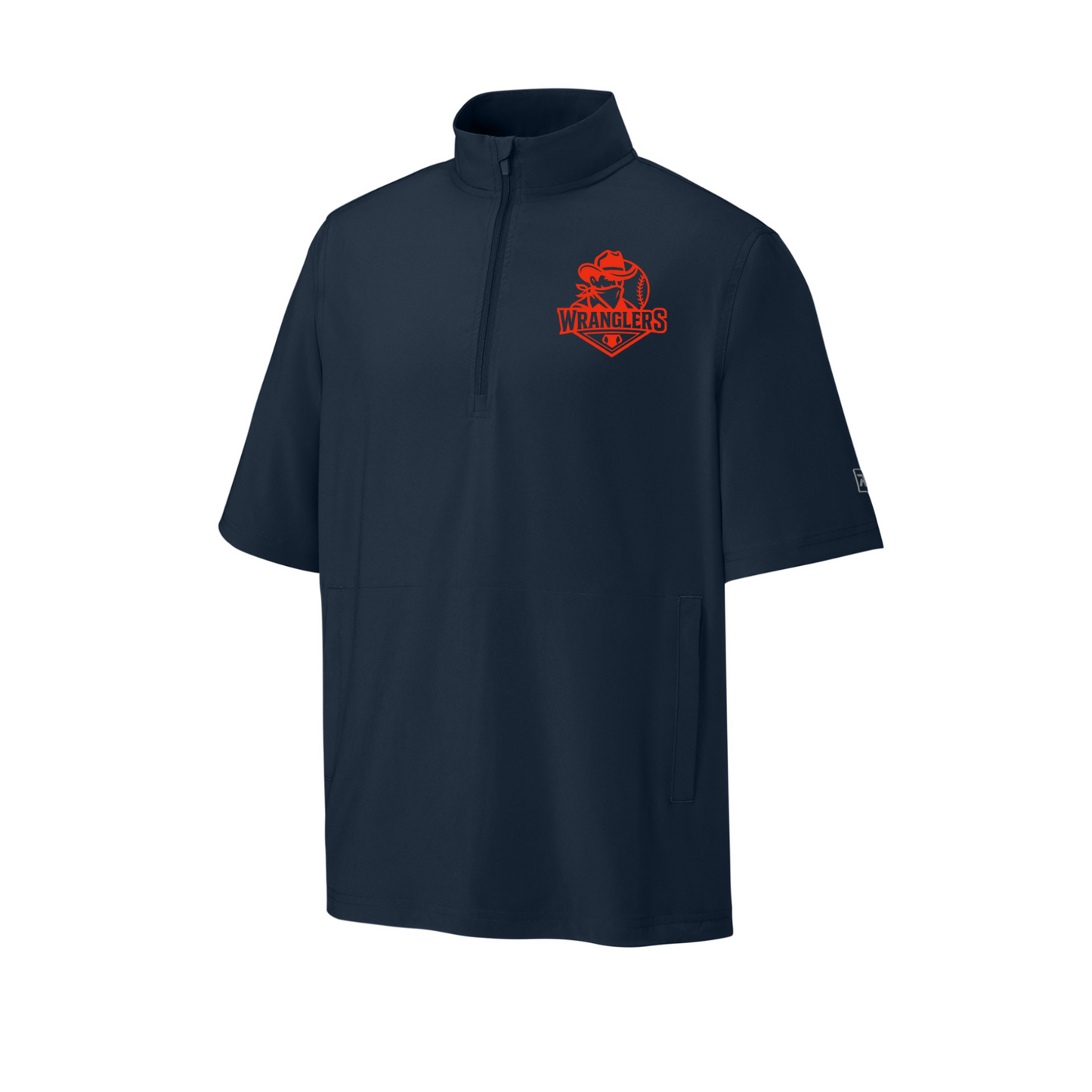A navy blue short-sleeve quarter-zip pullover jacket with a red and orange 'WRAHLEES' logo on the left chest, displayed on a clean white background.