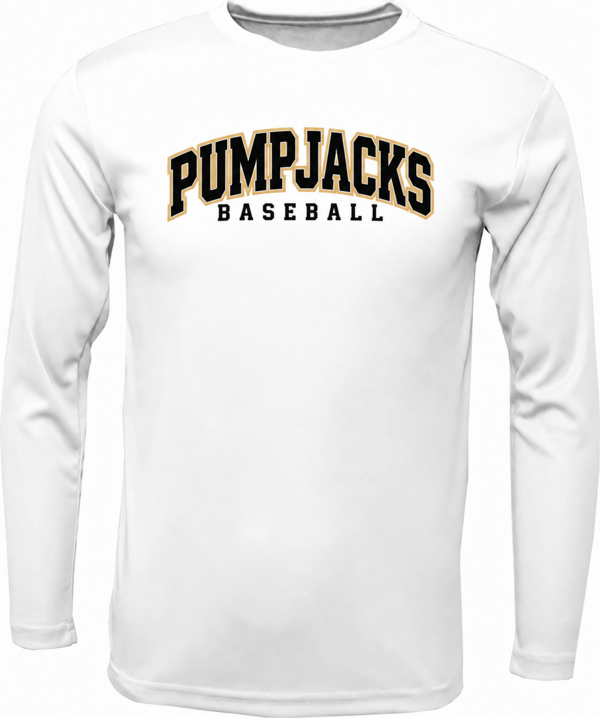 A white long-sleeve t-shirt with 'PUMPJACKS BASEBALL' printed across the chest in black and gold varsity-style lettering.