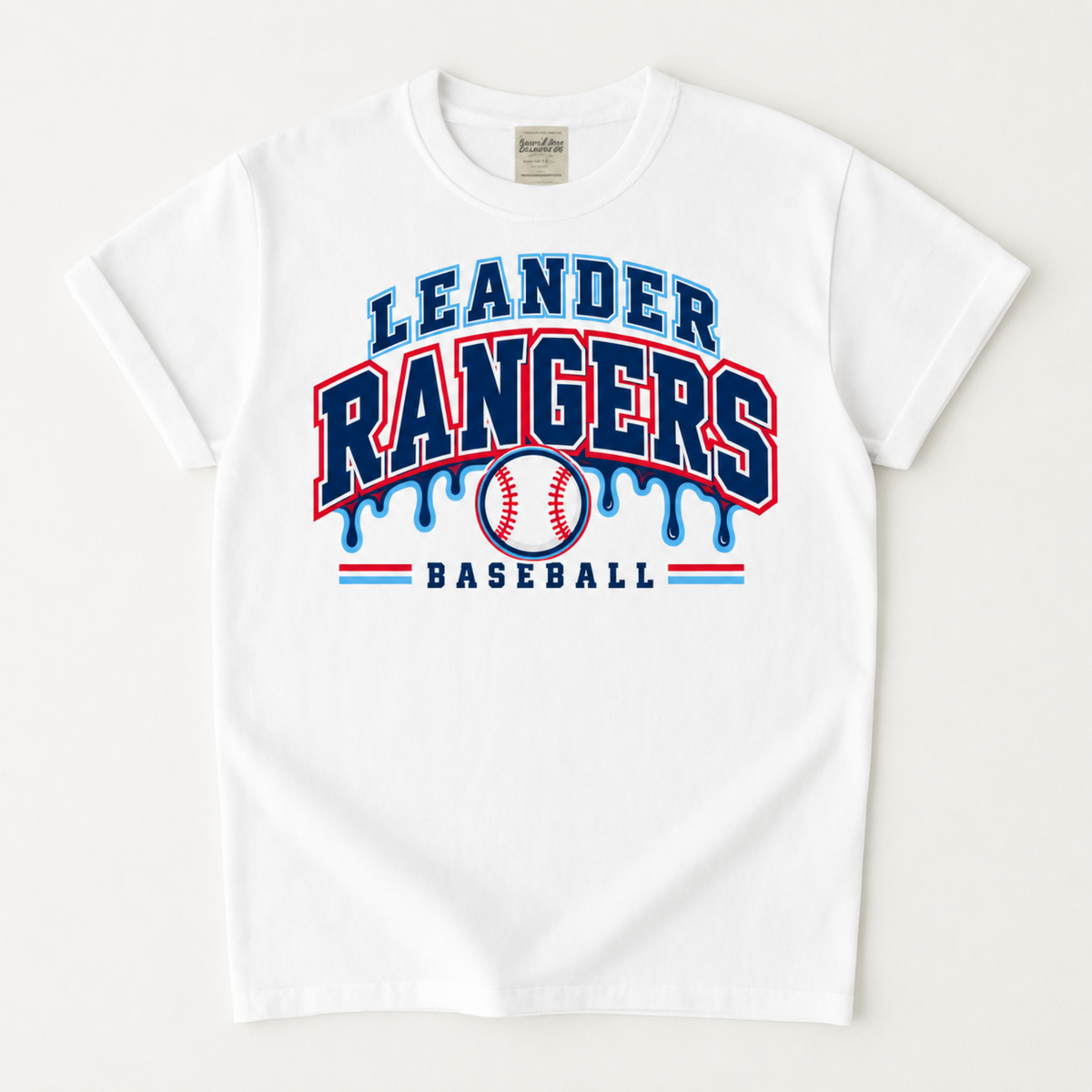 White Leander Rangers Baseball T-shirt with navy red and blue drip design