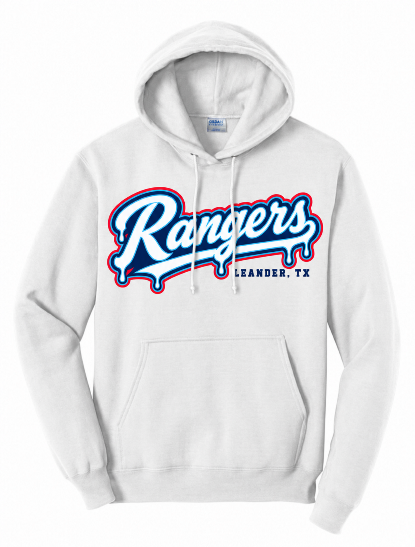 White Leander Rangers Baseball hoodie with navy red and light blue Rangers drip design