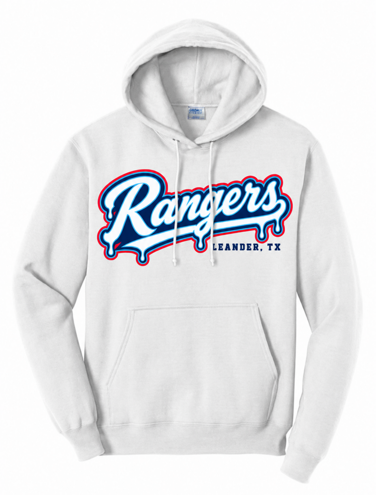 White Leander Rangers Baseball hoodie with navy red and light blue Rangers drip design