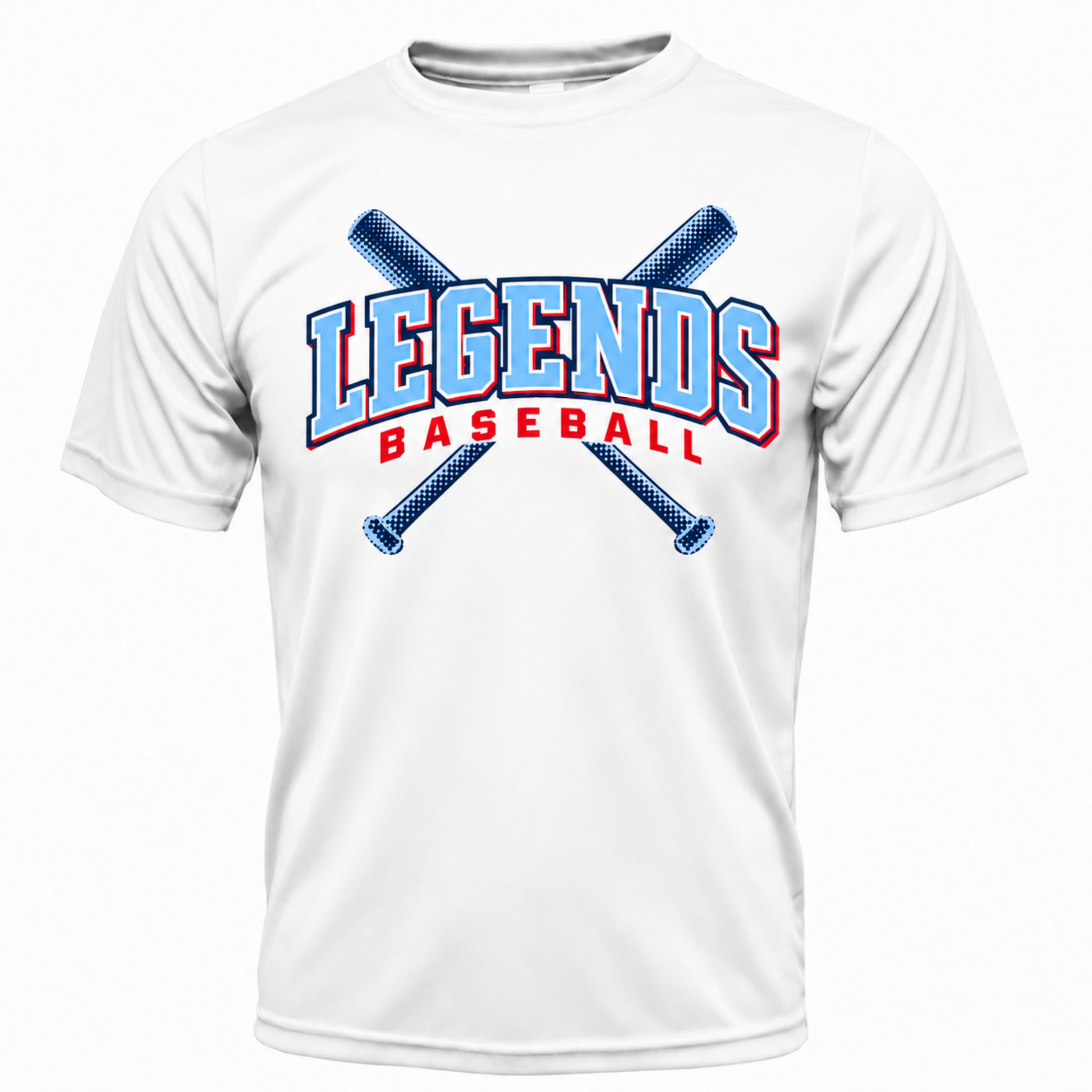 White TX Legends Baseball performance shirt with crossed-bats design