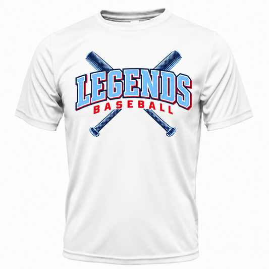 White TX Legends Baseball performance shirt with crossed-bats design