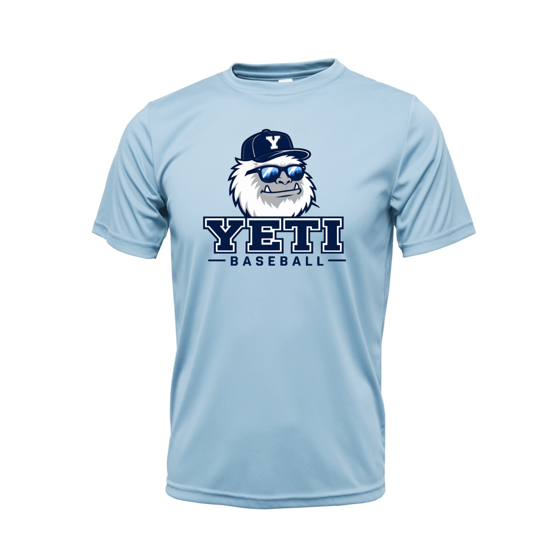 Light blue t-shirt with Yeti logo and 'YETI BASEBALL' text on a white background