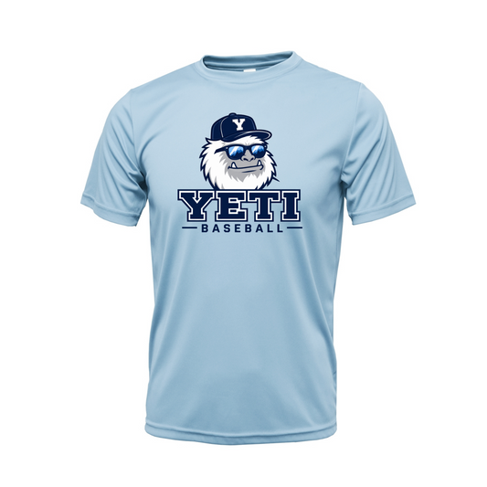 Light blue t-shirt with Yeti logo and 'YETI BASEBALL' text on a white background