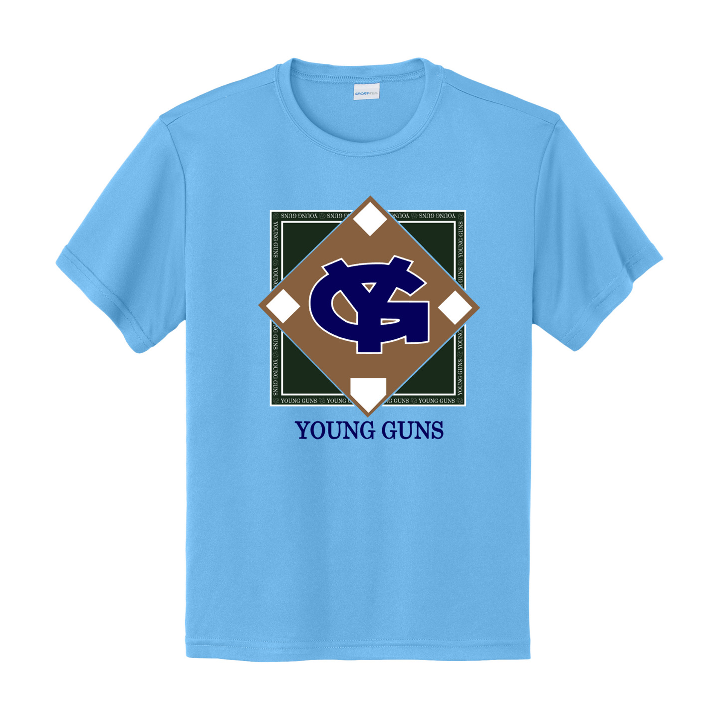 A light blue short-sleeve t-shirt with a baseball graphic on the chest. The graphic features a brown diamond shape with white diamond accents, a navy blue 'YG' logo in the center, and a dark green background.