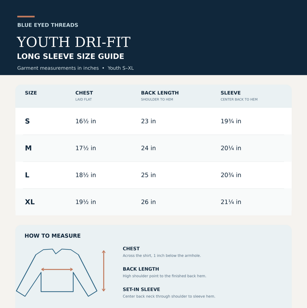 A size guide infographic for Blue Eyed Threads Youth Dri-Fit Long Sleeve clothing, showing measurements in inches for sizes S through XL in a table format, with a small measurement diagram and instructions at the bottom.