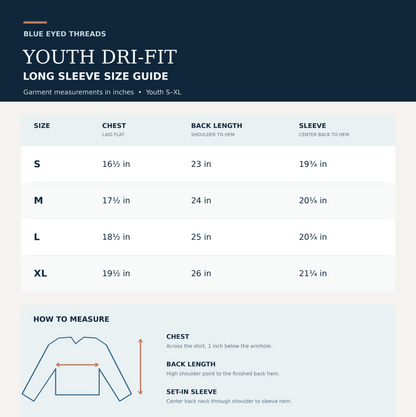 A size guide infographic for Blue Eyed Threads Youth Dri-Fit Long Sleeve clothing, showing measurements in inches for sizes S through XL in a table format, with a small measurement diagram and instructions at the bottom.