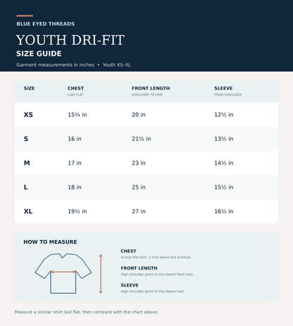A size guide chart for Blue Eyed Threads Youth Dri-Fit garments, showing measurements in inches for sizes XS through XL including chest, front length, and sleeve. The chart has a navy header with white text and a white measurement table below, plus a small how-to-measure diagram at the bottom.