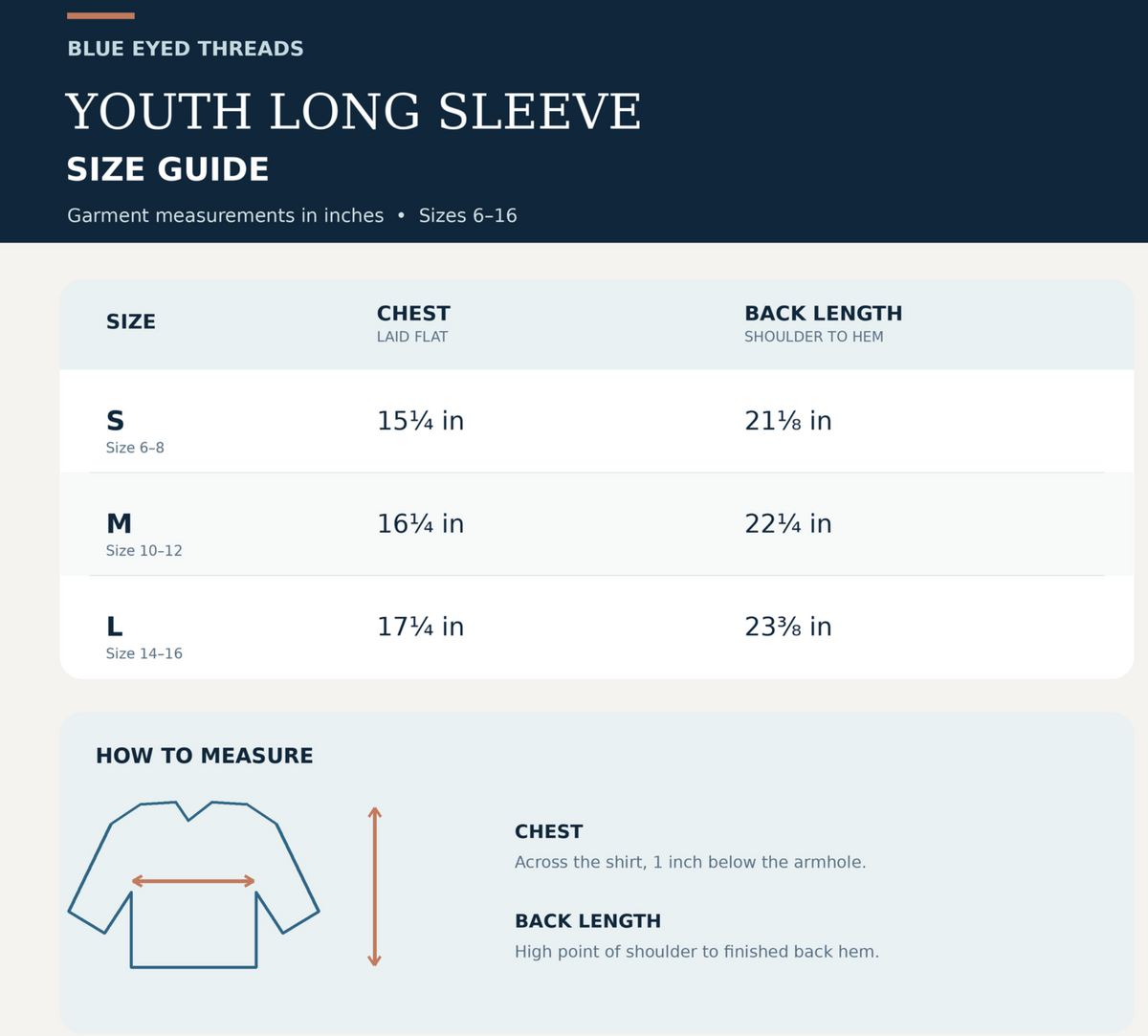 A size guide infographic for Blue Eyed Threads Youth Long Sleeve garments, showing chest and back length measurements in inches for sizes S through L, with a small measurement diagram at the bottom.