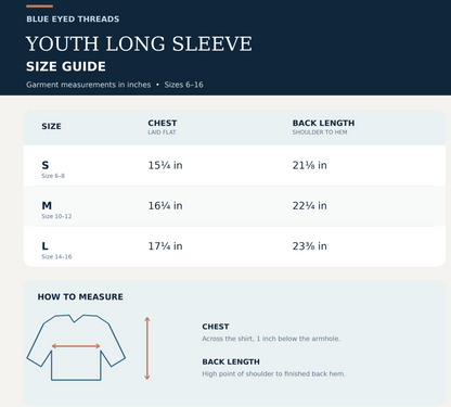 A size guide infographic for Blue Eyed Threads Youth Long Sleeve garments, showing chest and back length measurements in inches for sizes S through L, with a small measurement diagram at the bottom.