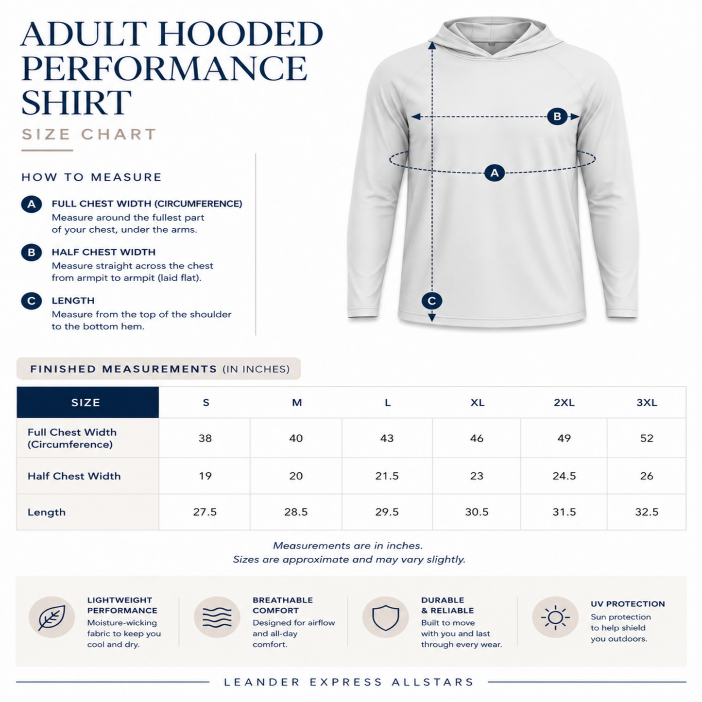 Size chart for adult hooded performance shirt with measurements and features listed.