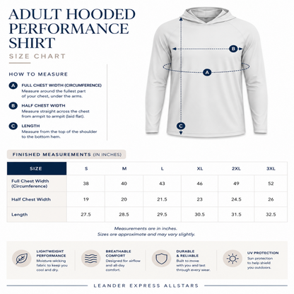 Size chart for adult hooded performance shirt with measurements and features listed.