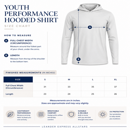 YOUTH PERFORMANCE HOODED SHIRT size chart with a white hoodie on a white background