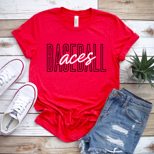 Aces Baseball spirit wear tee with varsity baseball lettering and script Aces design