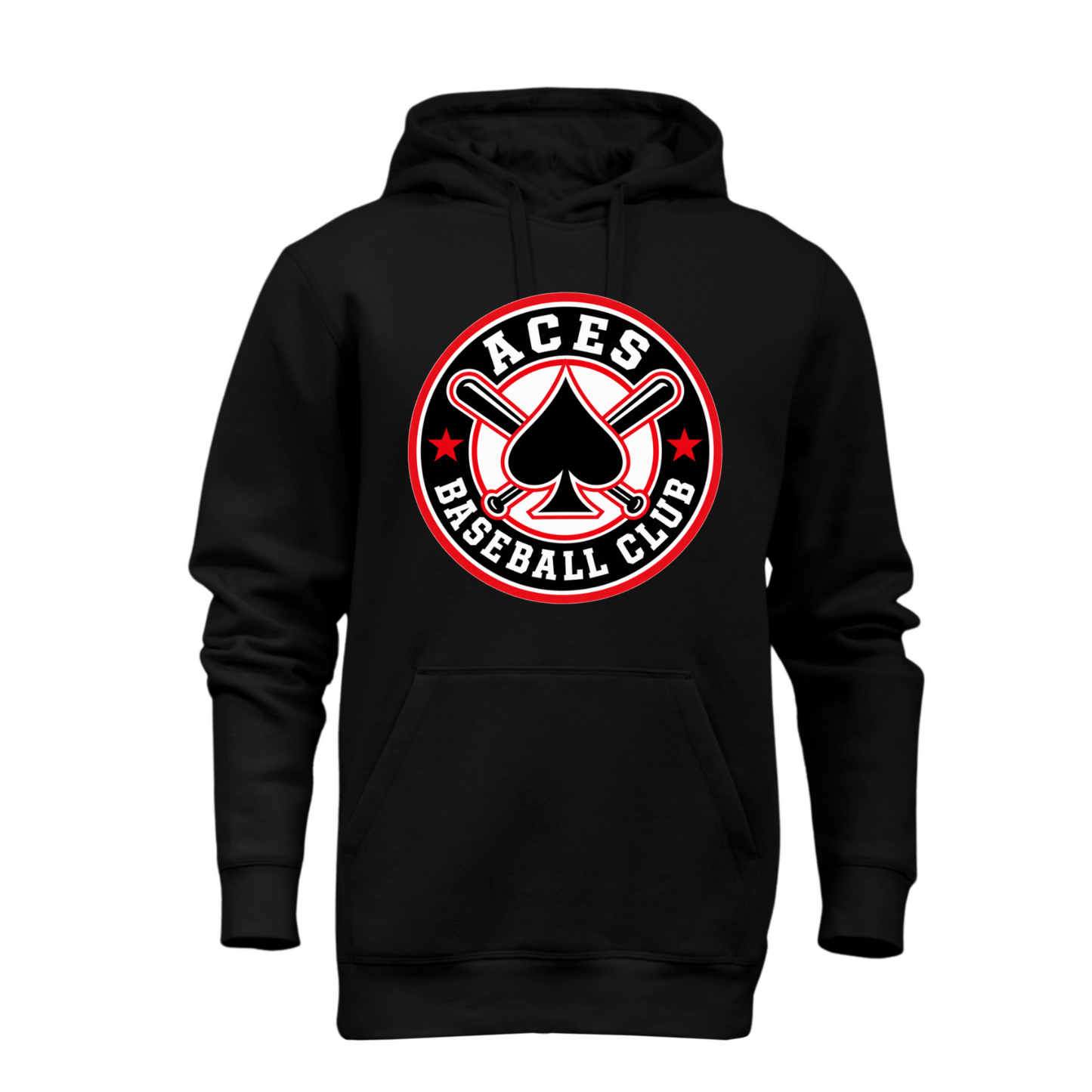 Black Aces Baseball Club hoodie with red white and black circular spade and crossed bats design