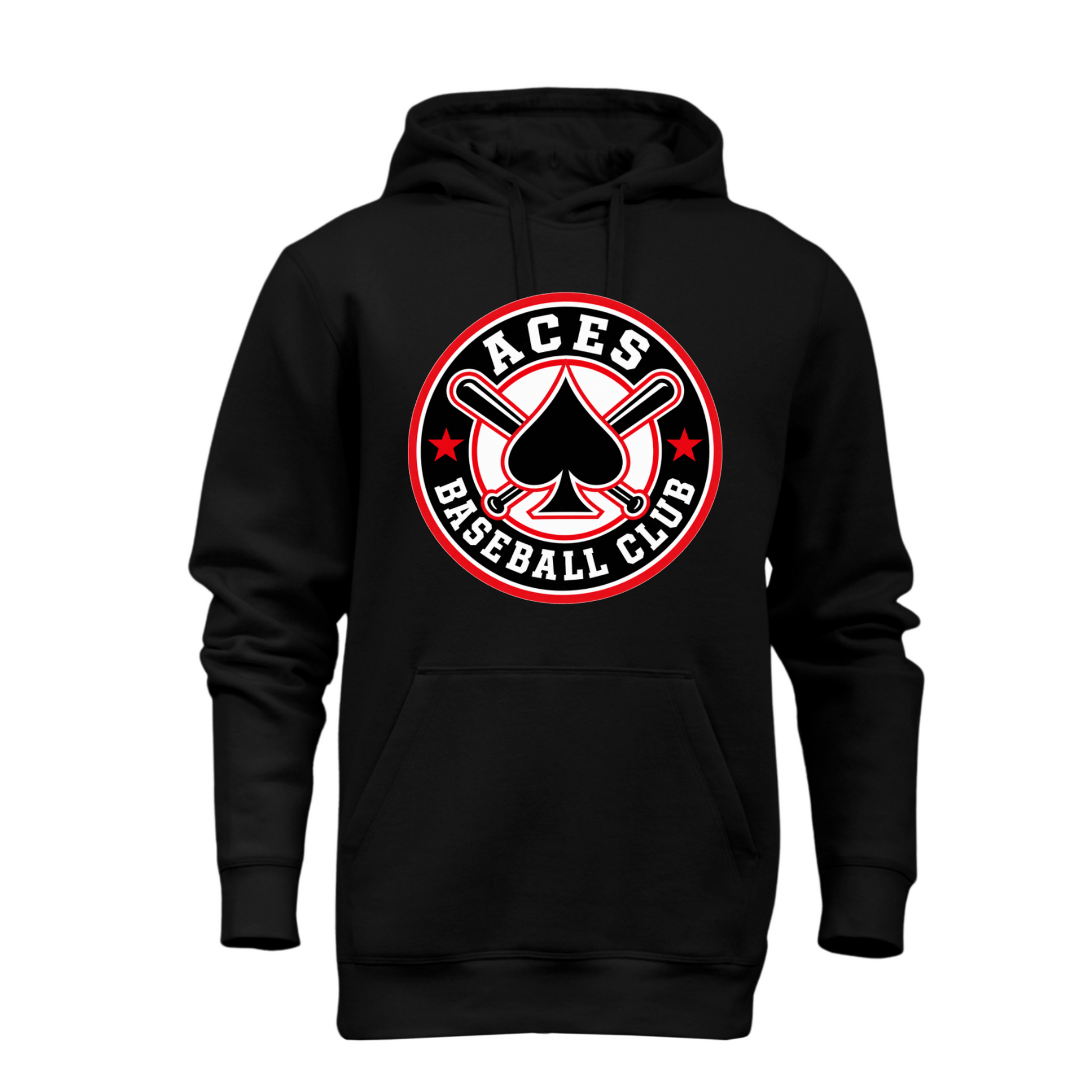 Black Aces Baseball Club hoodie with red white and black circular spade and crossed bats design