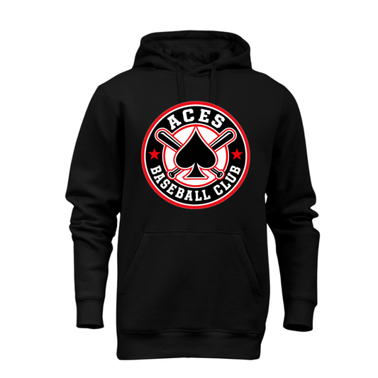 Black Aces Baseball Club hoodie with red white and black circular spade and crossed bats design