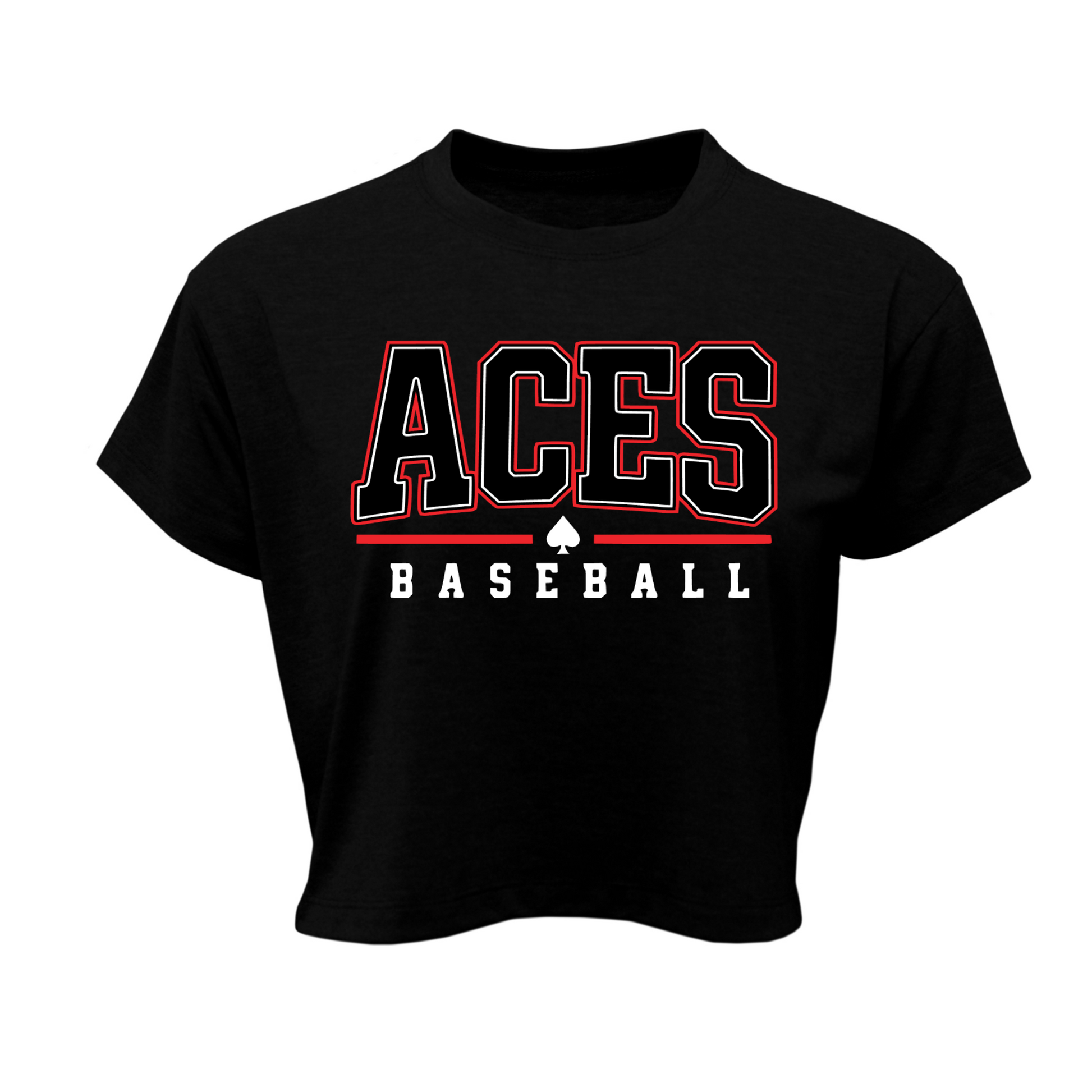 Black Aces Baseball women’s crop T-shirt with red white and black varsity Aces Baseball design and spade detail