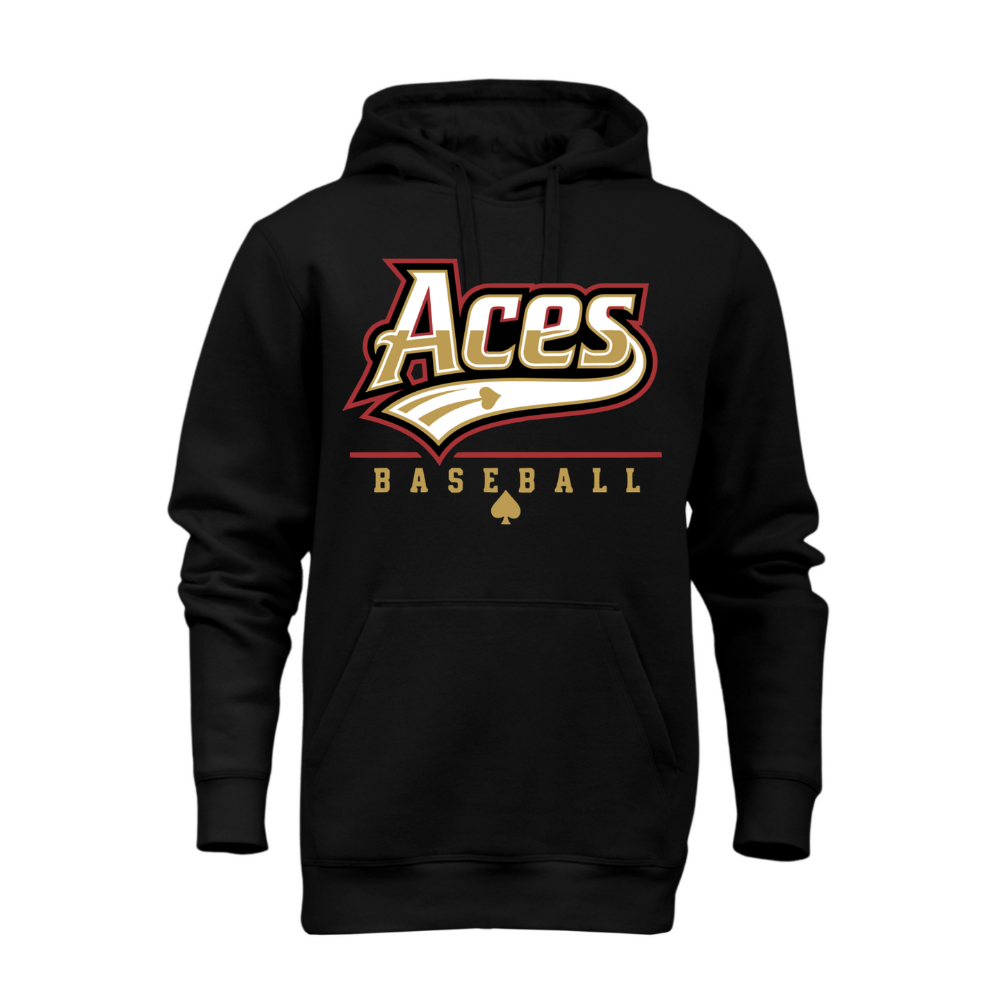 A black pullover hoodie featuring a large 'Aces Baseball' graphic on the chest in gold, white, and red, with a small spade icon below the text, shown against a plain white background.