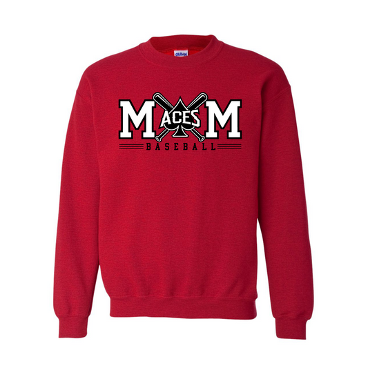 Red Aces Baseball Mom crewneck sweatshirt with crossed bats and Aces logo design