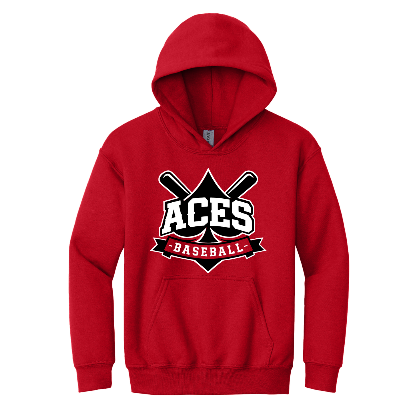 Red Aces Baseball hoodie with black and white Aces logo and crossed baseball bats