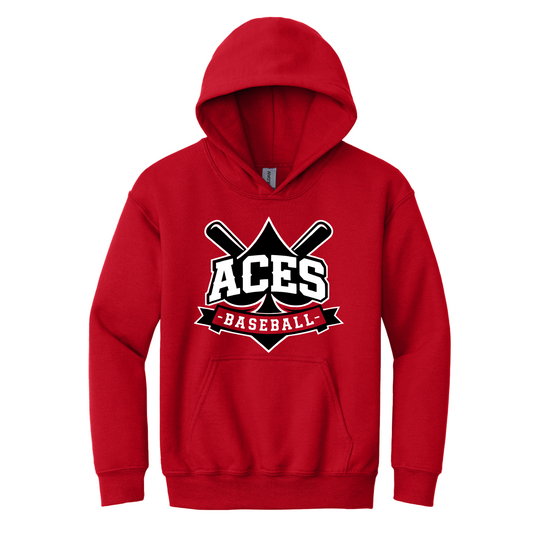 Red Aces Baseball hoodie with black and white Aces logo and crossed baseball bats