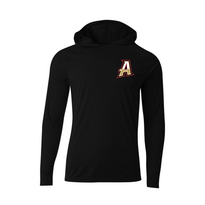 A black long-sleeve hooded shirt with a stylized letter 'A' logo on the left chest, displayed on a clean white background.