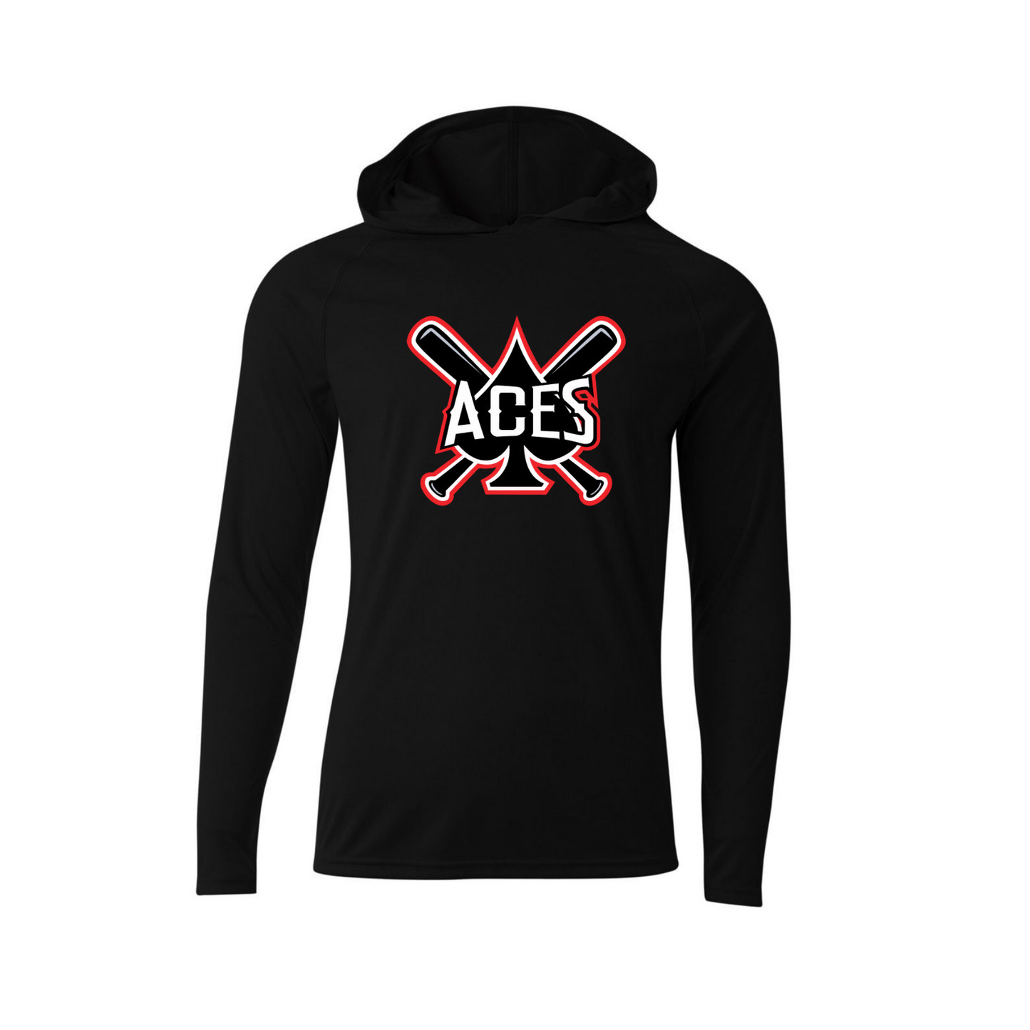 Black Long Sleeve Hooded performance shirt with Aces Baseball Logo
