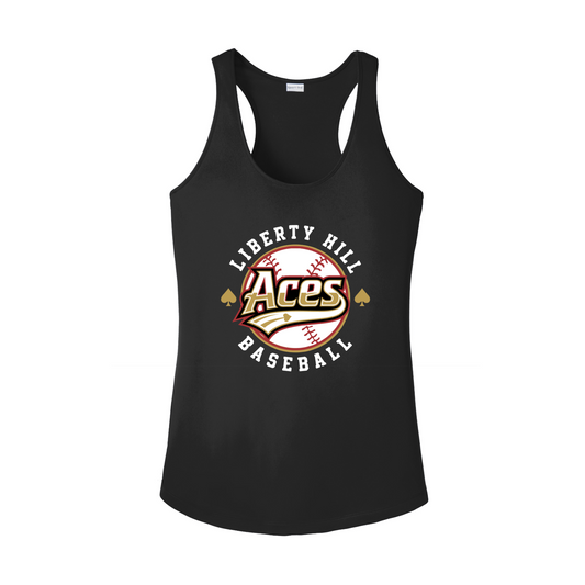A black racerback tank top featuring a 'Liberty Hill Aces Baseball' graphic on the front, displayed against a solid white background.