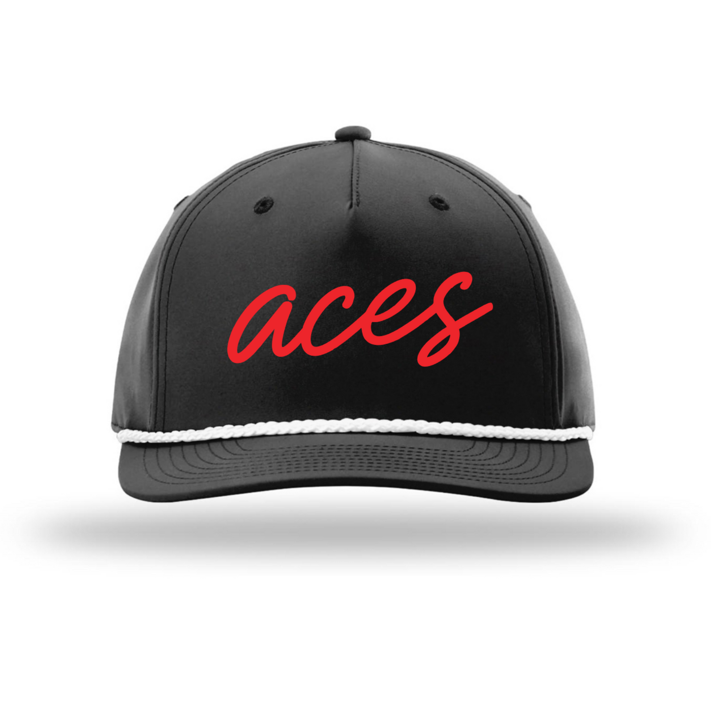 Black Aces Baseball rope hat with white rope detail and red embroidered Aces script logo