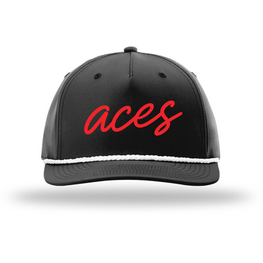 Black Aces Baseball rope hat with white rope detail and red embroidered Aces script logo