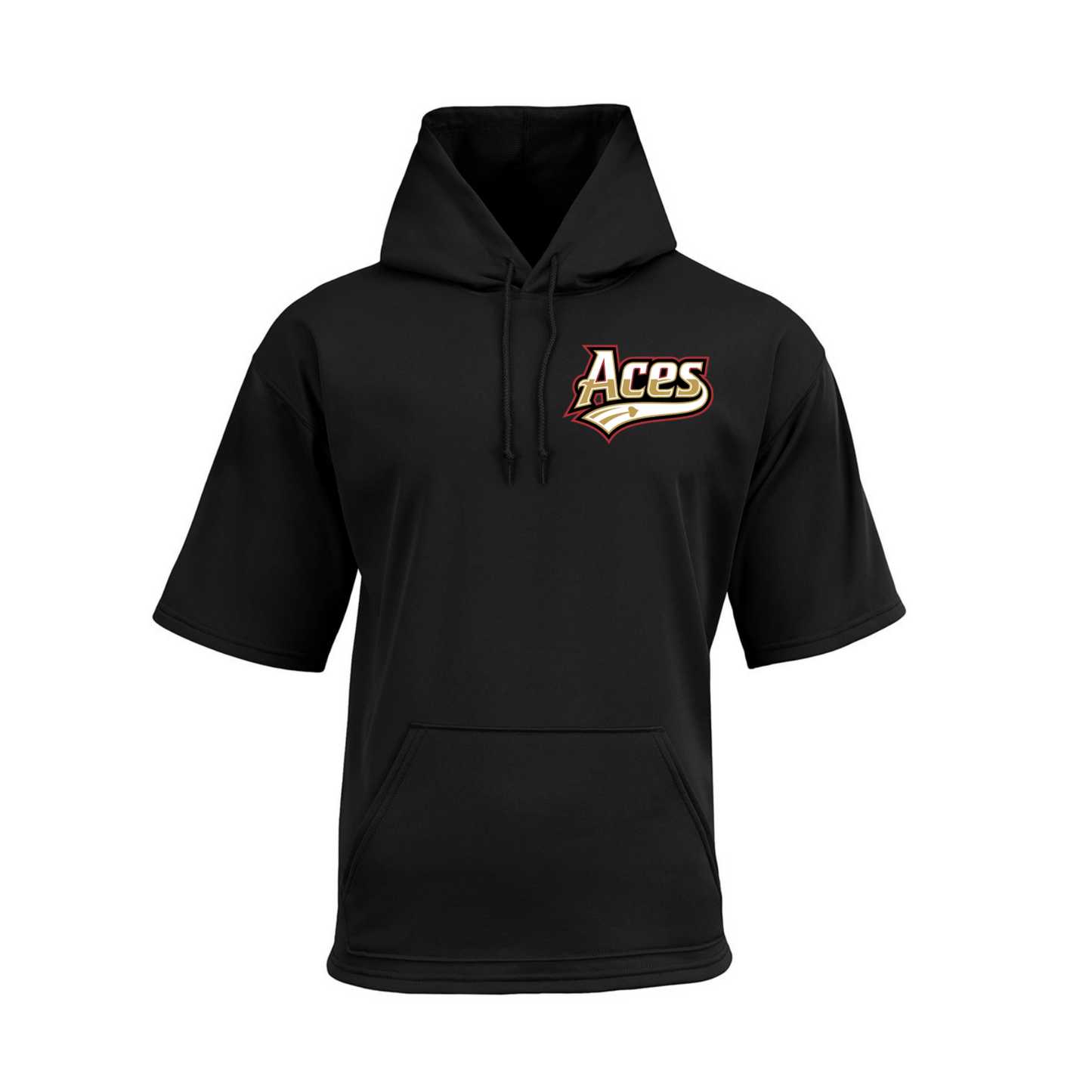 A black short-sleeve pullover hoodie with a drawstring hood and kangaroo pocket, featuring a stylized 'Aces' logo printed on the left chest in gold, white, and red, shown against a plain white background.