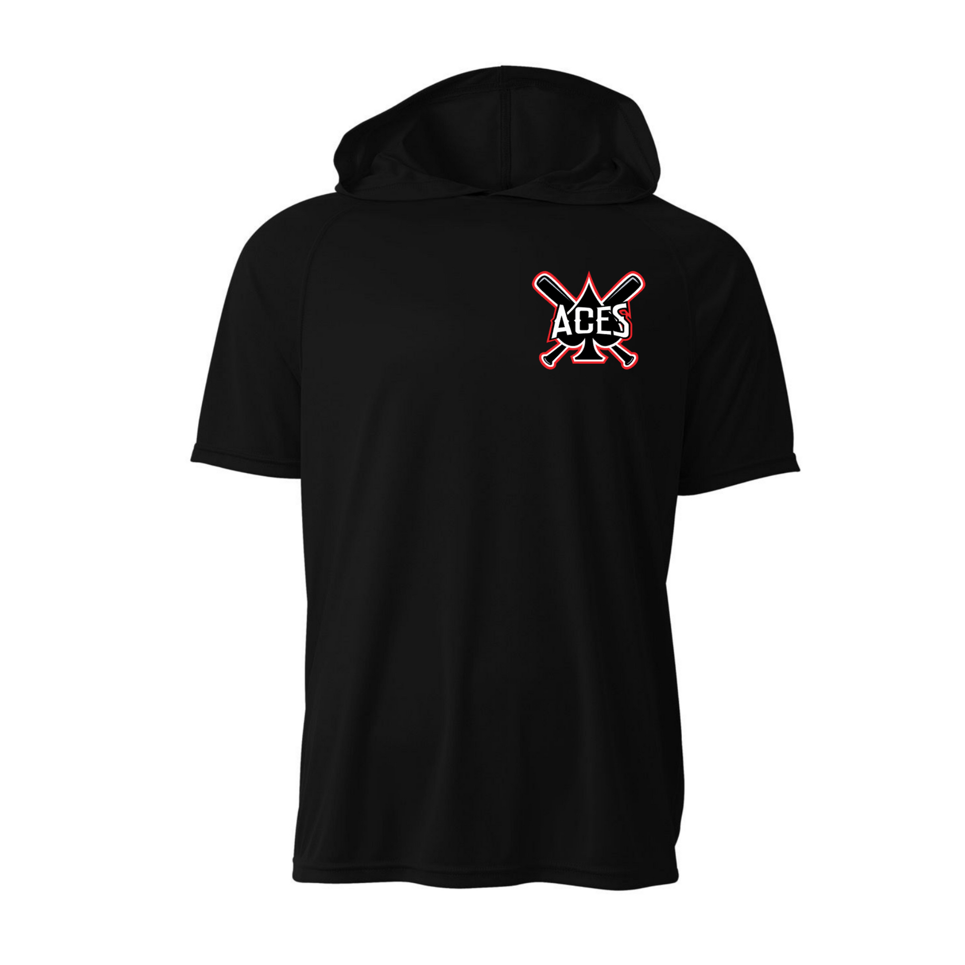 A black short-sleeve hooded shirt with a small chest graphic featuring crossed bats and the word 'ACES' in white with a red outline, shown on a plain white background.
