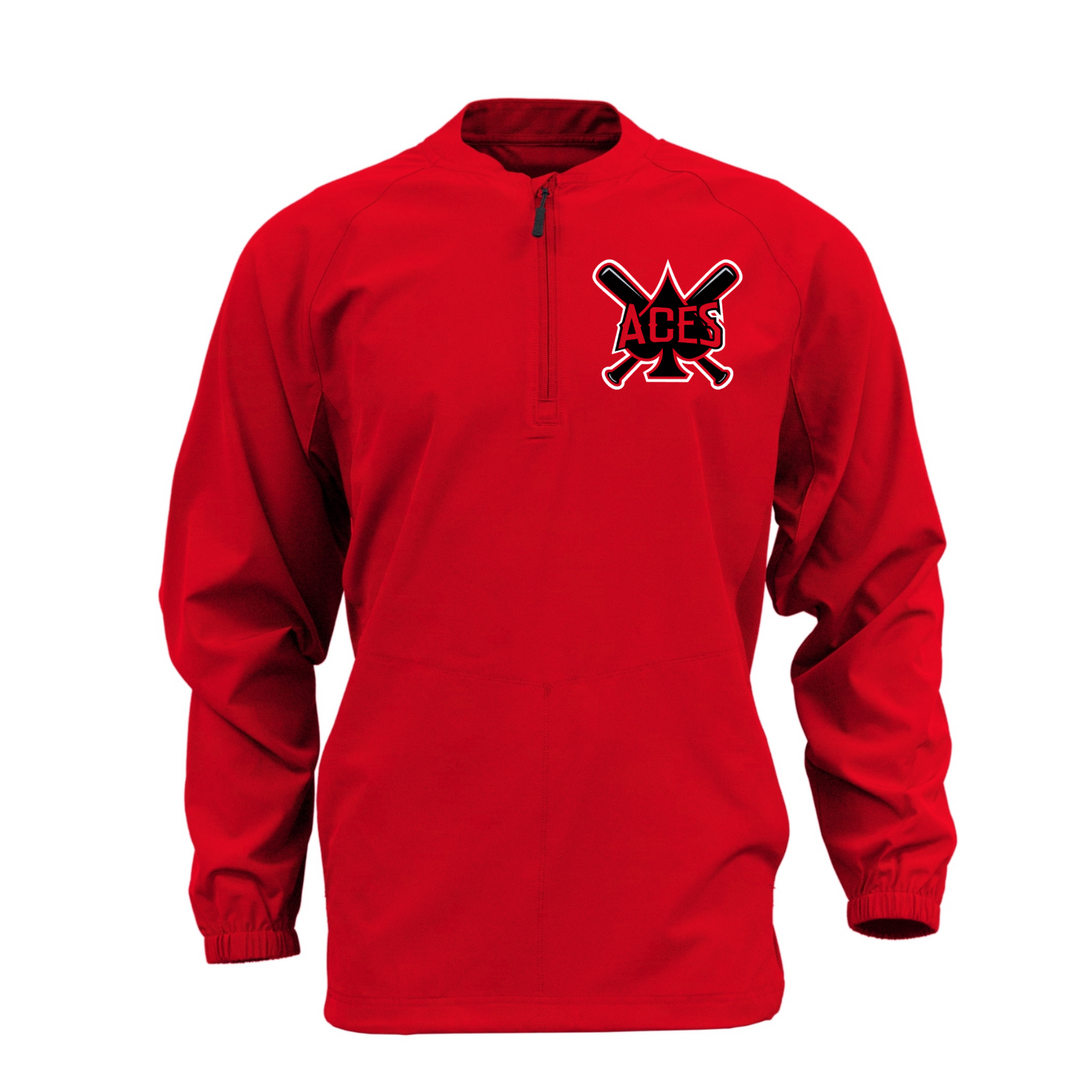 Red Aces Baseball quarter-zip cage jacket with Aces crossed bats left chest logo