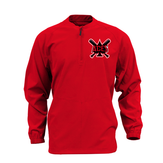 Red Aces Baseball quarter-zip cage jacket with Aces crossed bats left chest logo