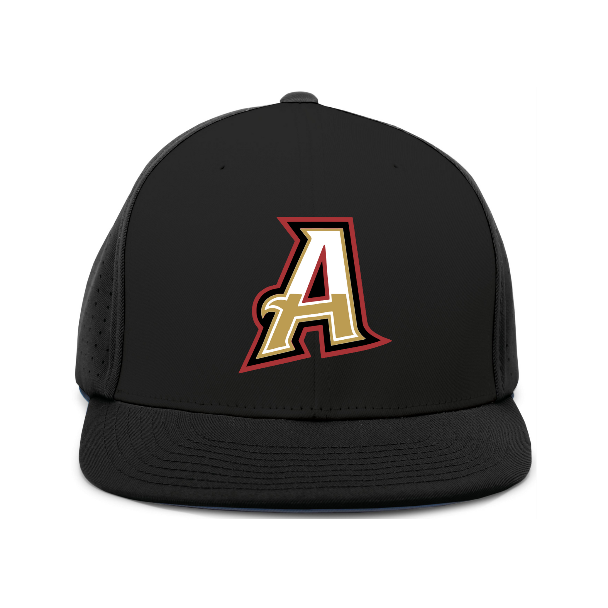 A black structured baseball cap with a flat brim and a large stylized letter 'A' logo on the front, featuring white, gold, and red details, set against a plain white background.