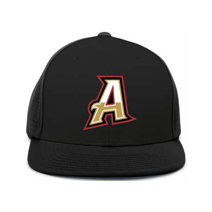 A black structured baseball cap with a flat brim and a large stylized letter 'A' logo on the front, featuring white, gold, and red details, set against a plain white background.