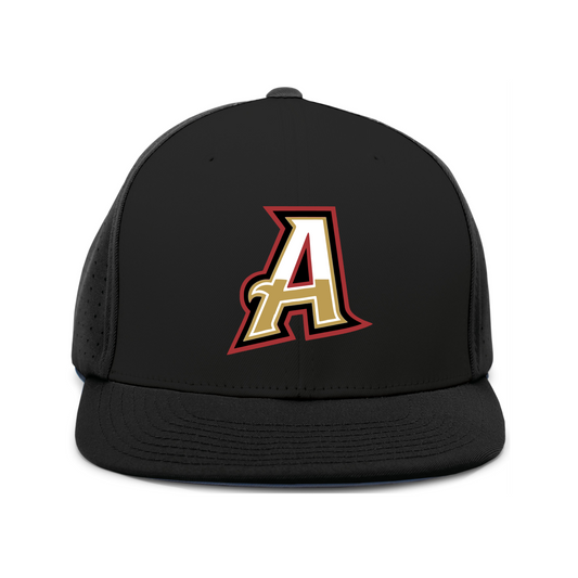 A black structured baseball cap with a flat brim and a large stylized letter 'A' logo on the front, featuring white, gold, and red details, set against a plain white background.