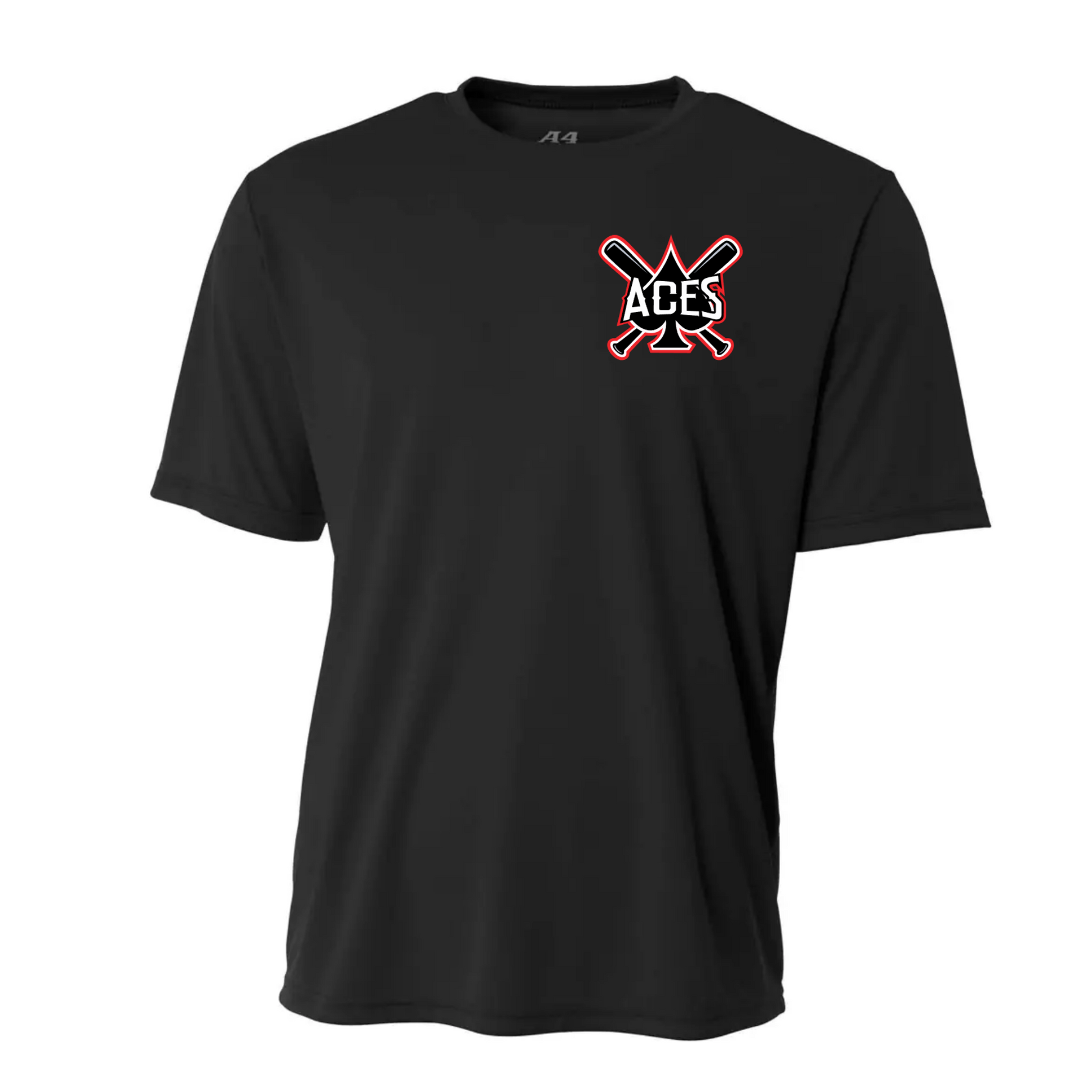 Black Aces Baseball performance T-shirt with red white and black Aces crossed bats logo on left chest
